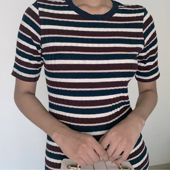 Dorothy Perkins Navy White Burgundy Pink shimmer stripe stretch dress - Picture 2 of 8